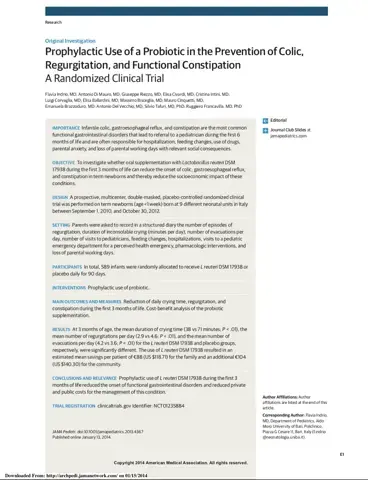 Prophylactic Use of a Probiotic in the Prevention of Colic, Regurgitation, and Functional Constipation
